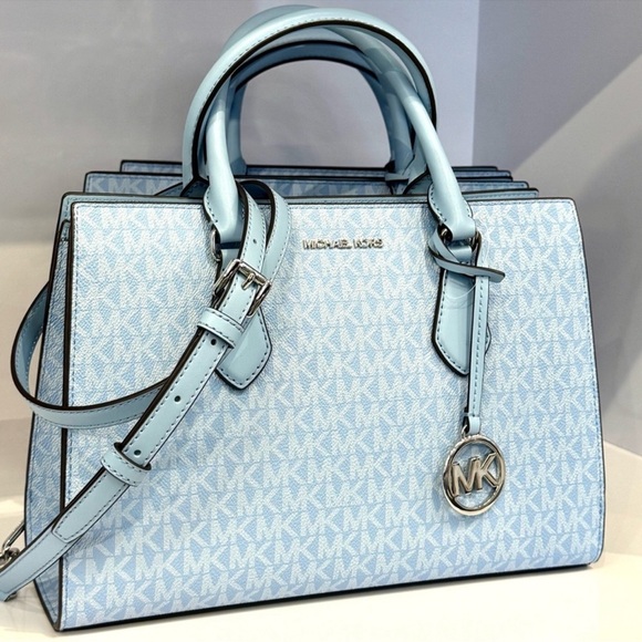 Michael Kors Sheila Medium Signature Logo Satchel Bag Light Sky Blue - Picture 5 of 11